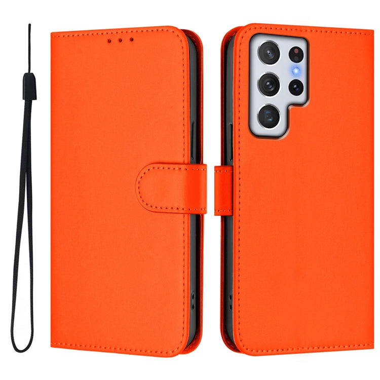 For Samsung Galaxy S22 Ultra 5G Skin Feel Solid Color Leather Phone Case with Lanyard