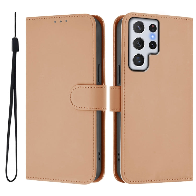 For Samsung Galaxy S22 Ultra 5G Skin Feel Solid Color Leather Phone Case with Lanyard
