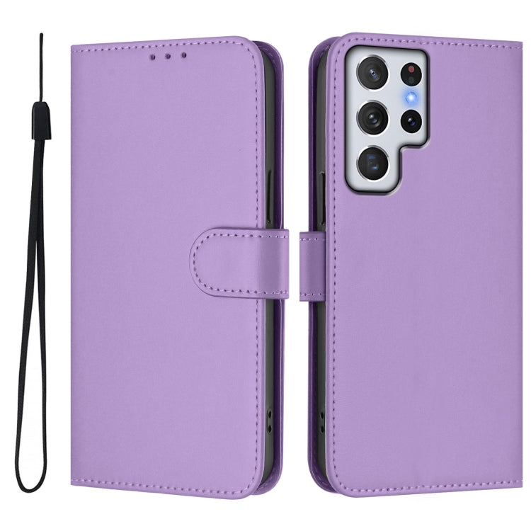 For Samsung Galaxy S22 Ultra 5G Skin Feel Solid Color Leather Phone Case with Lanyard