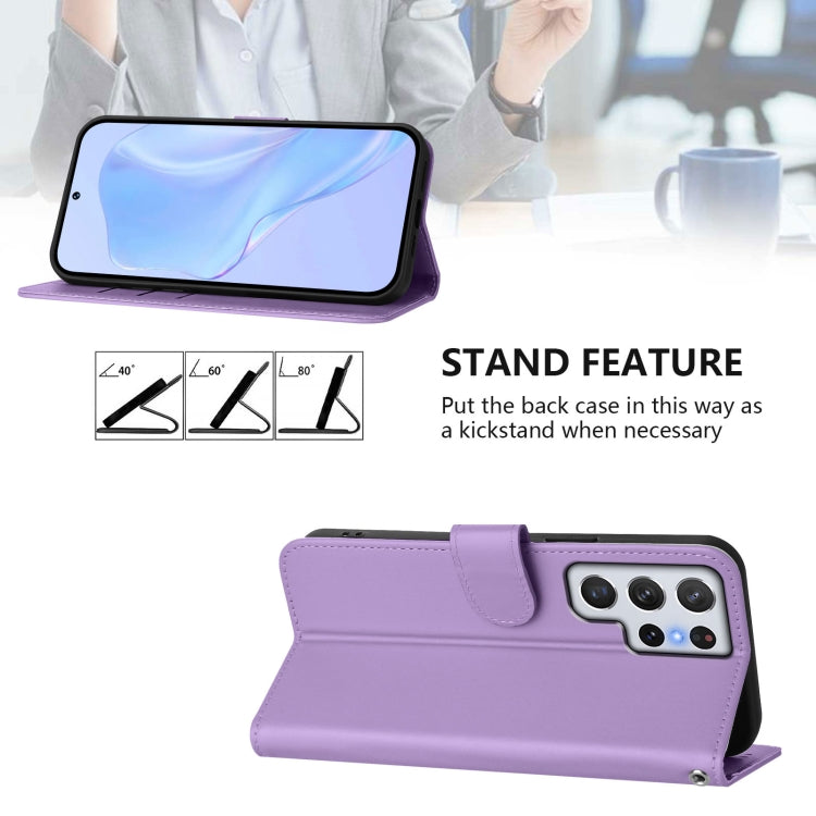 For Samsung Galaxy S22 Ultra 5G Skin Feel Solid Color Leather Phone Case with Lanyard