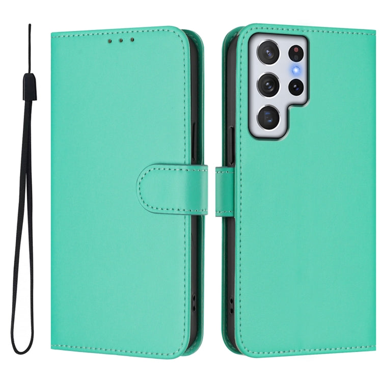 For Samsung Galaxy S22 Ultra 5G Skin Feel Solid Color Leather Phone Case with Lanyard