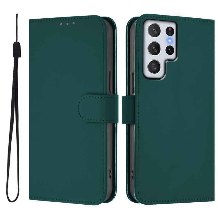 For Samsung Galaxy S22 Ultra 5G Skin Feel Solid Color Leather Phone Case with Lanyard