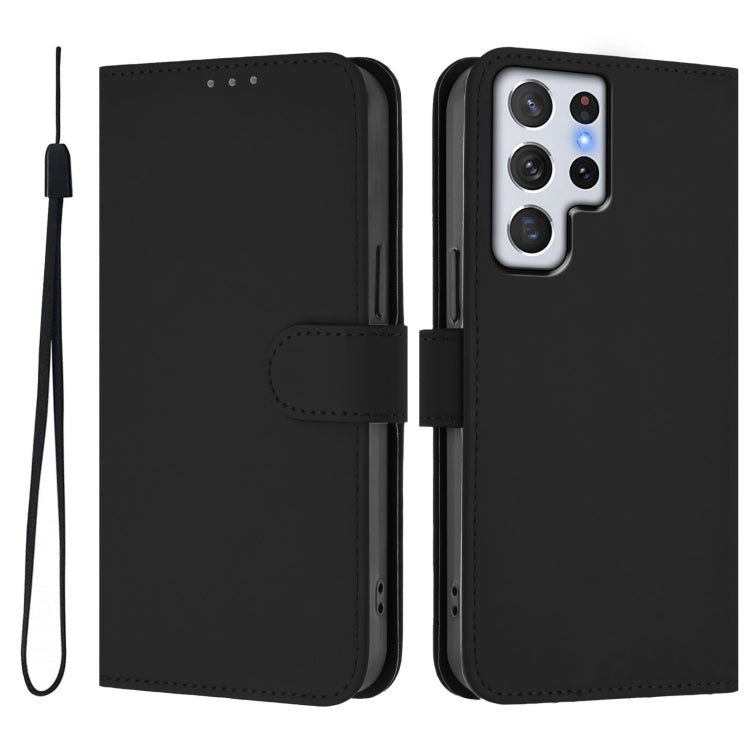 For Samsung Galaxy S22 Ultra 5G Skin Feel Solid Color Leather Phone Case with Lanyard