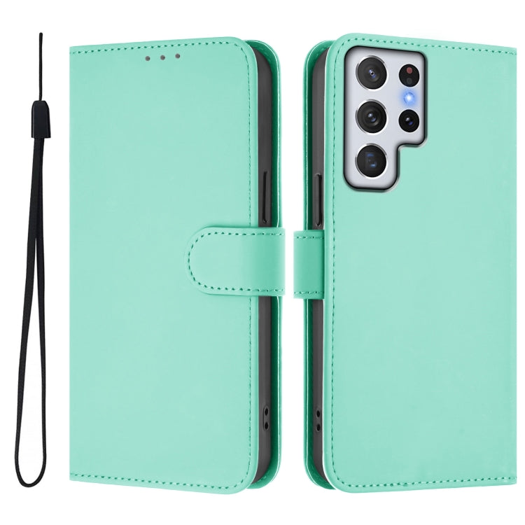 For Samsung Galaxy S22 Ultra 5G Skin Feel Solid Color Leather Phone Case with Lanyard