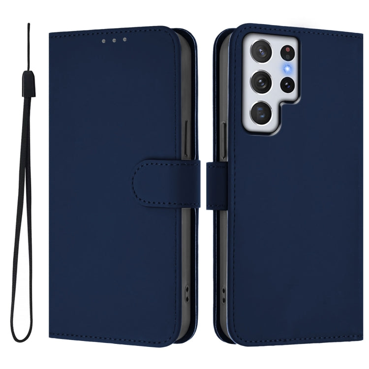 For Samsung Galaxy S22 Ultra 5G Skin Feel Solid Color Leather Phone Case with Lanyard