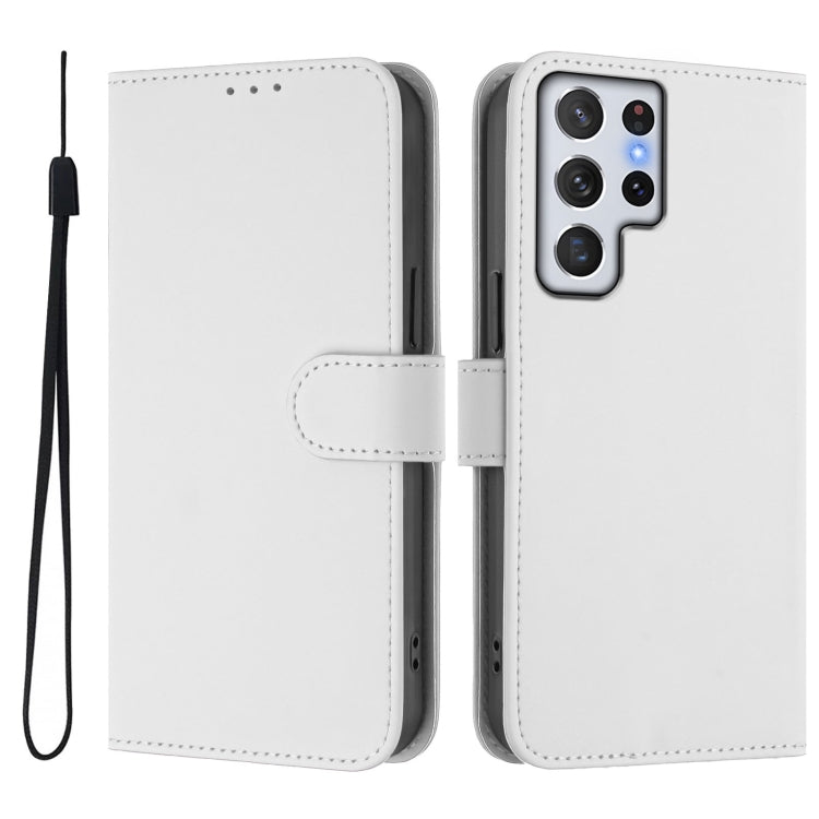 For Samsung Galaxy S22 Ultra 5G Skin Feel Solid Color Leather Phone Case with Lanyard