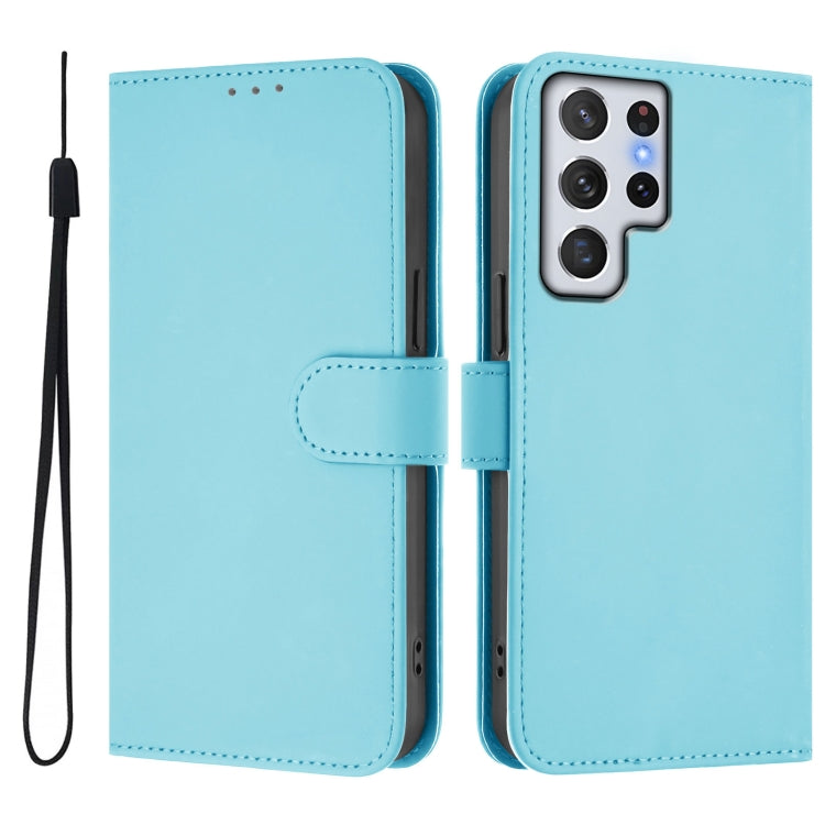 For Samsung Galaxy S22 Ultra 5G Skin Feel Solid Color Leather Phone Case with Lanyard