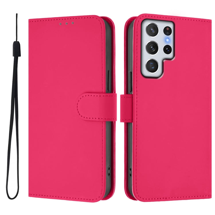 For Samsung Galaxy S22 Ultra 5G Skin Feel Solid Color Leather Phone Case with Lanyard