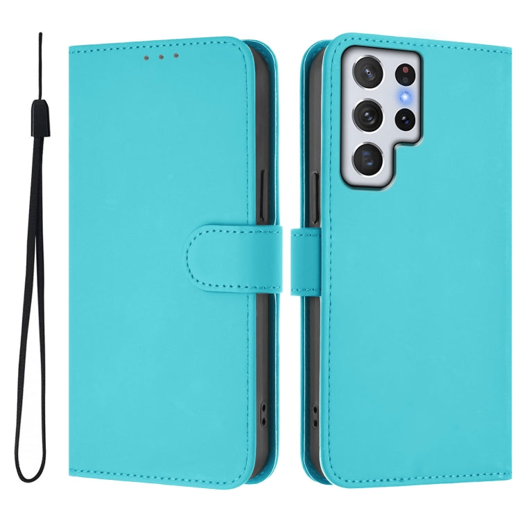 For Samsung Galaxy S22 Ultra 5G Skin Feel Solid Color Leather Phone Case with Lanyard