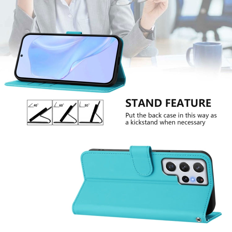 For Samsung Galaxy S22 Ultra 5G Skin Feel Solid Color Leather Phone Case with Lanyard