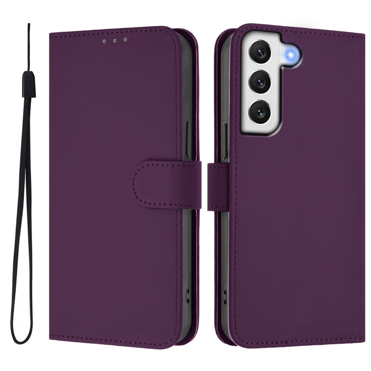 For Samsung Galaxy S22+ 5G Skin Feel Solid Color Leather Phone Case with Lanyard