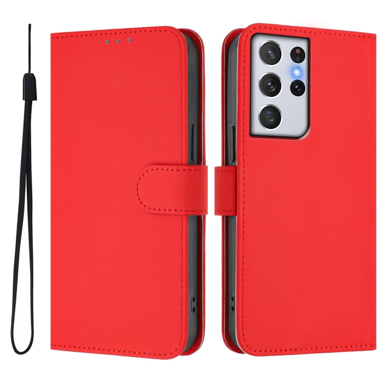 For Samsung Galaxy S21 Ultra 5G Skin Feel Solid Color Leather Phone Case with Lanyard