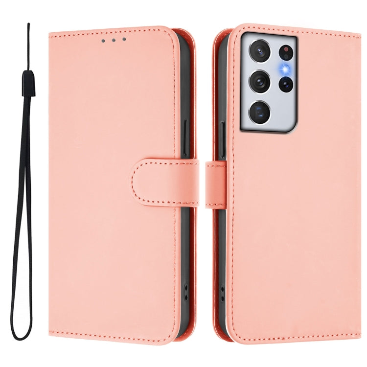 For Samsung Galaxy S21 Ultra 5G Skin Feel Solid Color Leather Phone Case with Lanyard