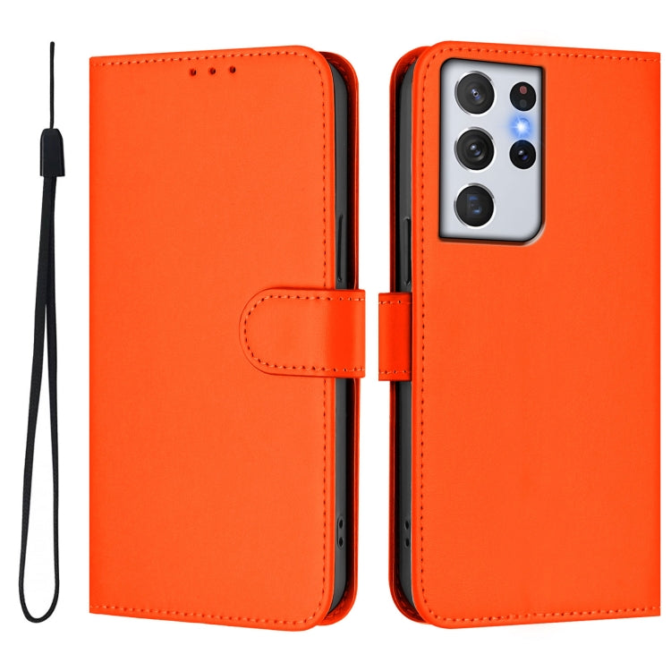 For Samsung Galaxy S21 Ultra 5G Skin Feel Solid Color Leather Phone Case with Lanyard