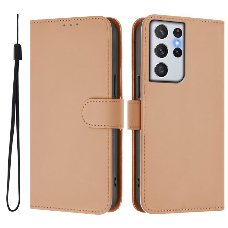 For Samsung Galaxy S21 Ultra 5G Skin Feel Solid Color Leather Phone Case with Lanyard