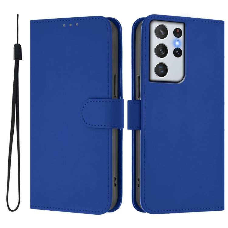 For Samsung Galaxy S21 Ultra 5G Skin Feel Solid Color Leather Phone Case with Lanyard