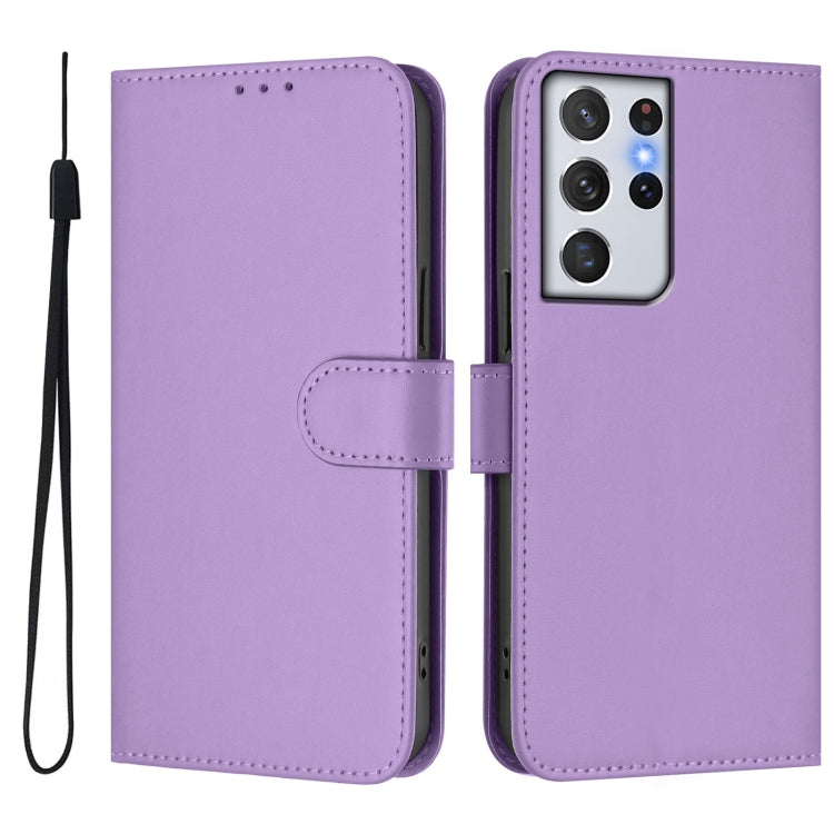 For Samsung Galaxy S21 Ultra 5G Skin Feel Solid Color Leather Phone Case with Lanyard