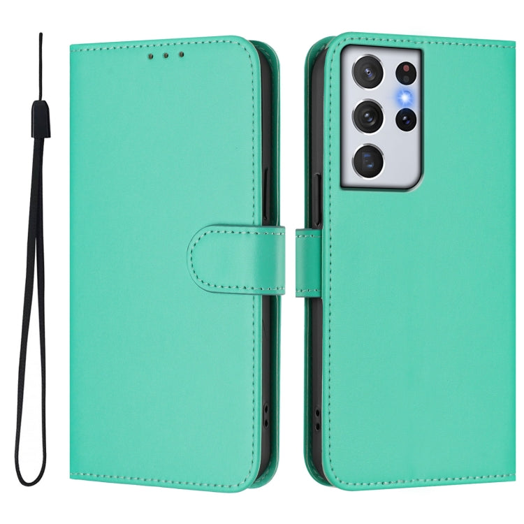 For Samsung Galaxy S21 Ultra 5G Skin Feel Solid Color Leather Phone Case with Lanyard