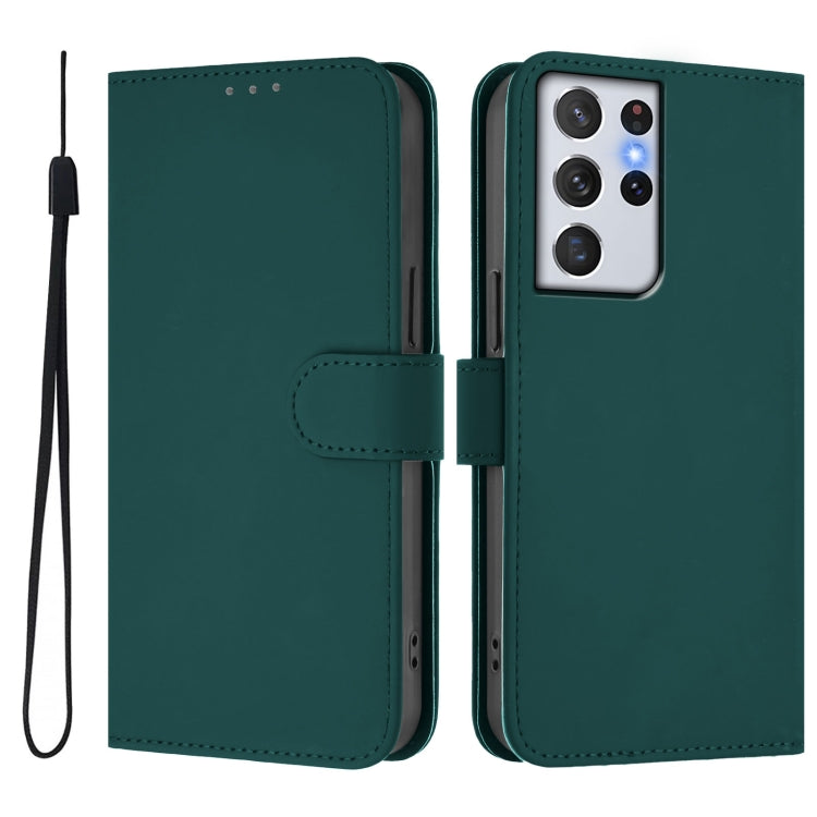 For Samsung Galaxy S21 Ultra 5G Skin Feel Solid Color Leather Phone Case with Lanyard