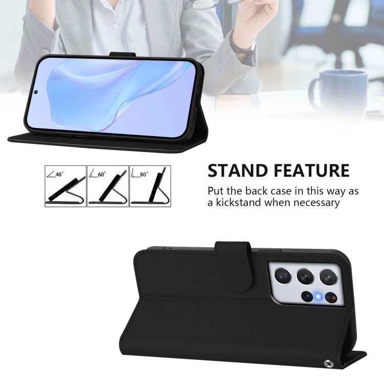 For Samsung Galaxy S21 Ultra 5G Skin Feel Solid Color Leather Phone Case with Lanyard