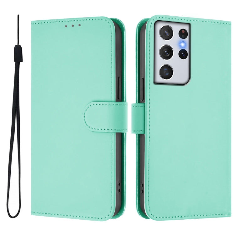 For Samsung Galaxy S21 Ultra 5G Skin Feel Solid Color Leather Phone Case with Lanyard