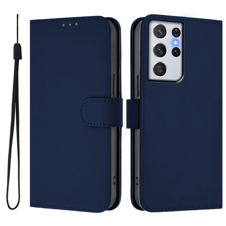 For Samsung Galaxy S21 Ultra 5G Skin Feel Solid Color Leather Phone Case with Lanyard