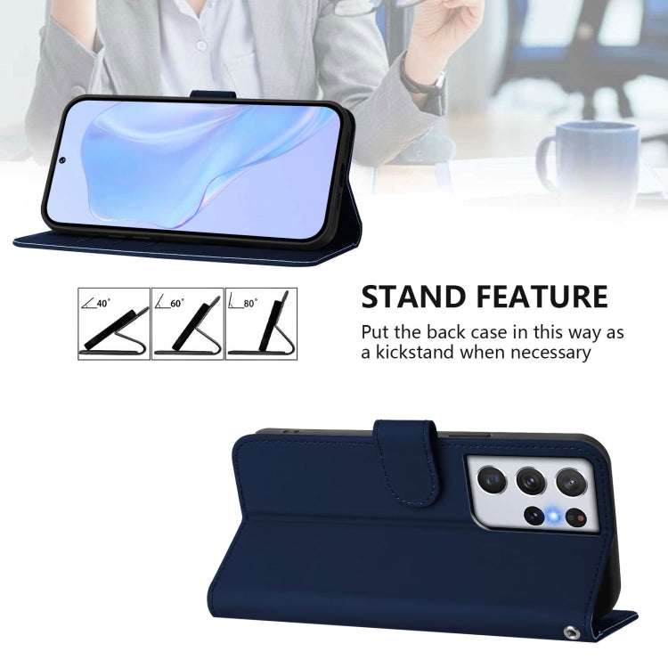 For Samsung Galaxy S21 Ultra 5G Skin Feel Solid Color Leather Phone Case with Lanyard