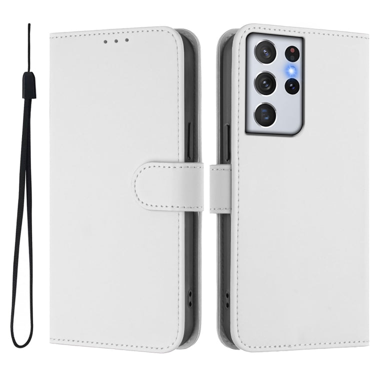 For Samsung Galaxy S21 Ultra 5G Skin Feel Solid Color Leather Phone Case with Lanyard