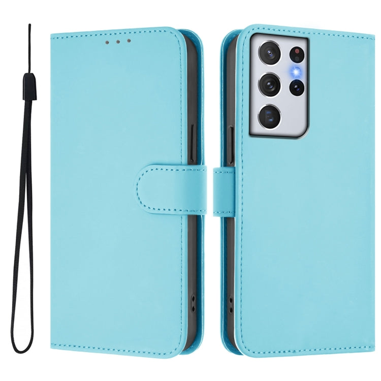 For Samsung Galaxy S21 Ultra 5G Skin Feel Solid Color Leather Phone Case with Lanyard