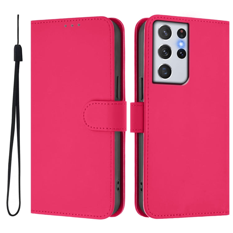 For Samsung Galaxy S21 Ultra 5G Skin Feel Solid Color Leather Phone Case with Lanyard