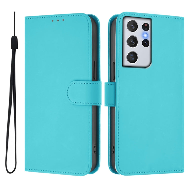 For Samsung Galaxy S21 Ultra 5G Skin Feel Solid Color Leather Phone Case with Lanyard