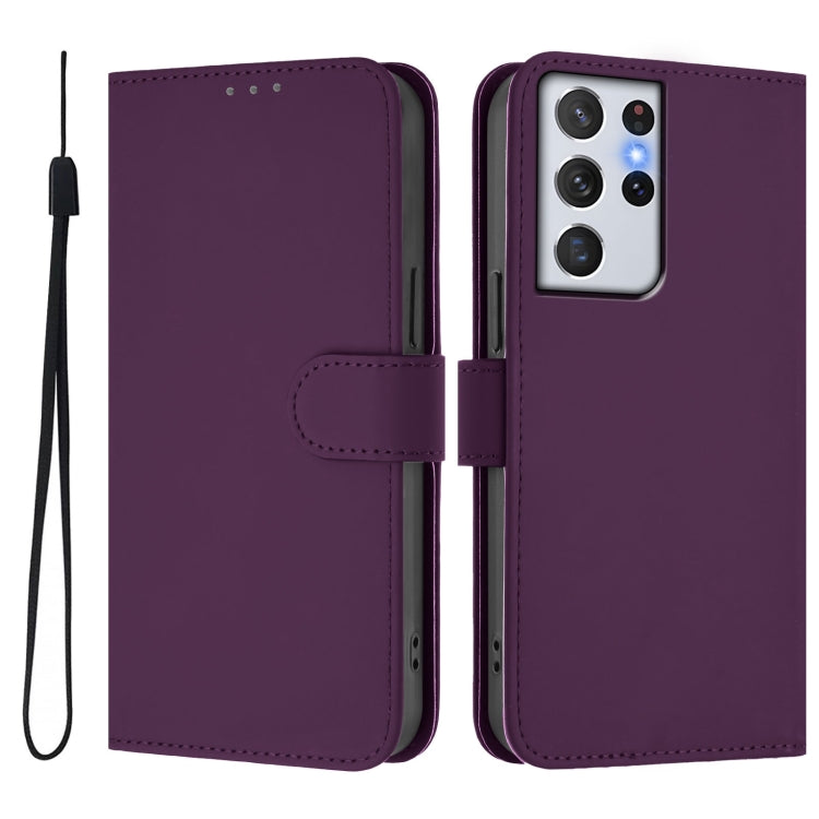 For Samsung Galaxy S21 Ultra 5G Skin Feel Solid Color Leather Phone Case with Lanyard