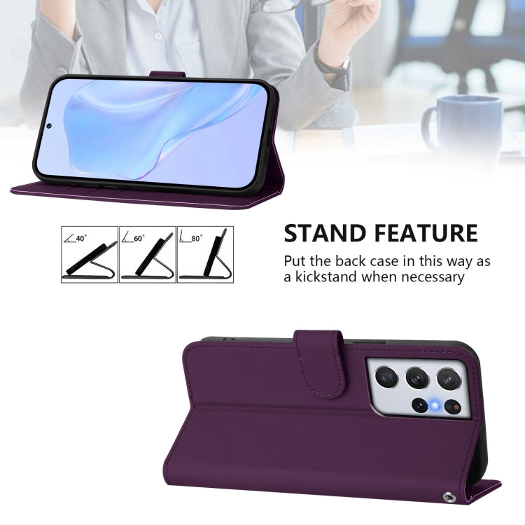 For Samsung Galaxy S21 Ultra 5G Skin Feel Solid Color Leather Phone Case with Lanyard