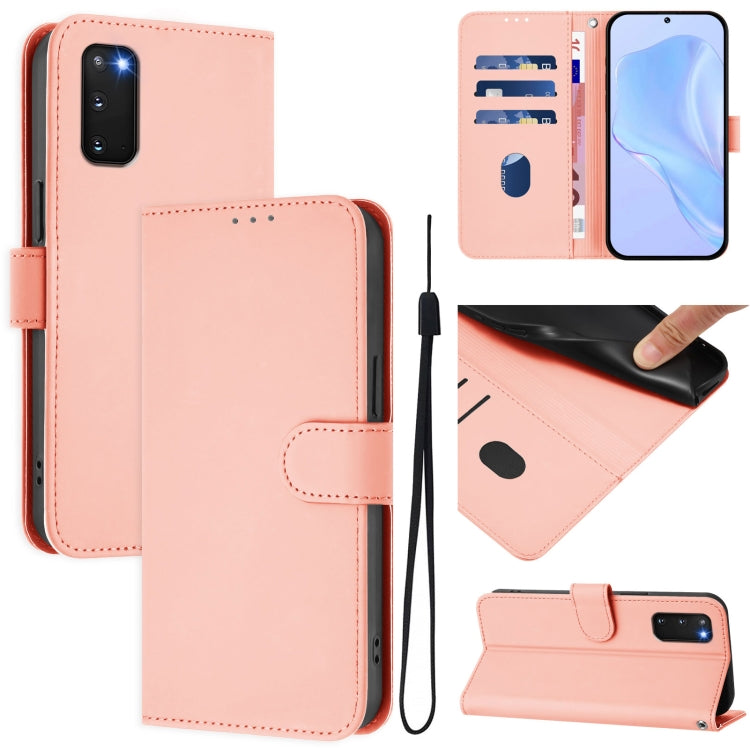 For Samsung Galaxy S20 FE 2022 Skin Feel Solid Color Leather Phone Case with Lanyard