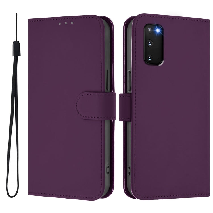For Samsung Galaxy S20 FE 2022 Skin Feel Solid Color Leather Phone Case with Lanyard
