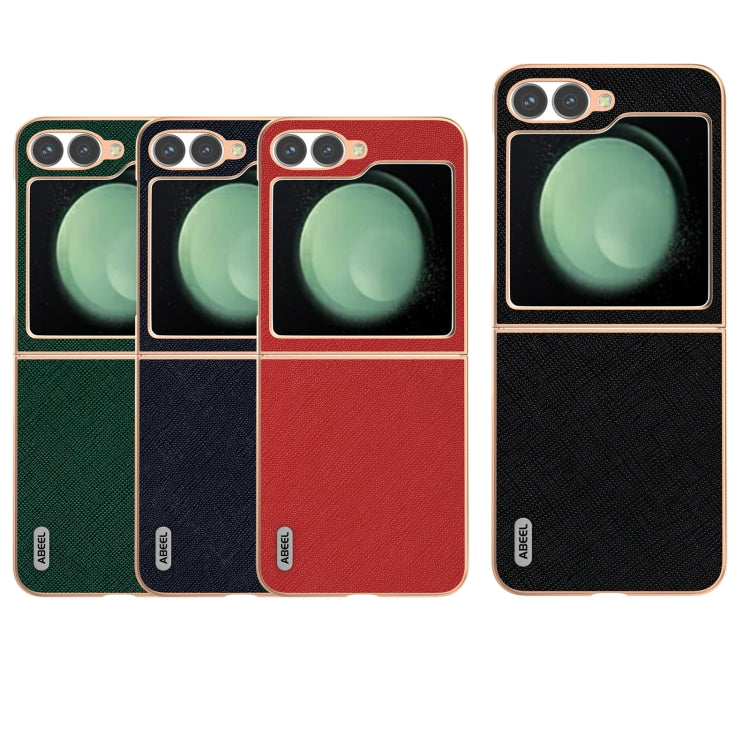 For Samsung Galaxy Z Flip6 / Flip7 FE ABEEL Electroplating Frame Cross Texture Genuine Leather Phone Case