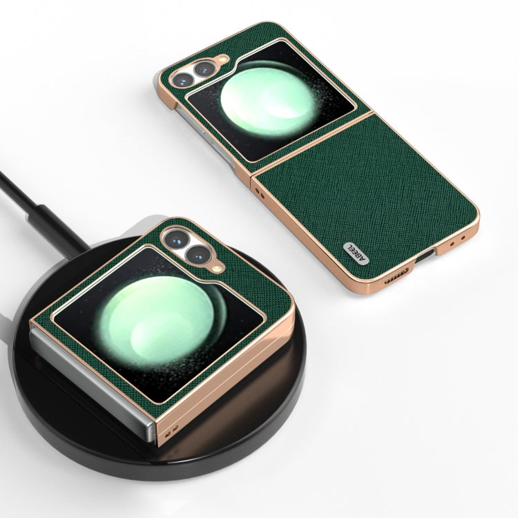 For Samsung Galaxy Z Flip6 / Flip7 FE ABEEL Electroplating Frame Cross Texture Genuine Leather Phone Case
