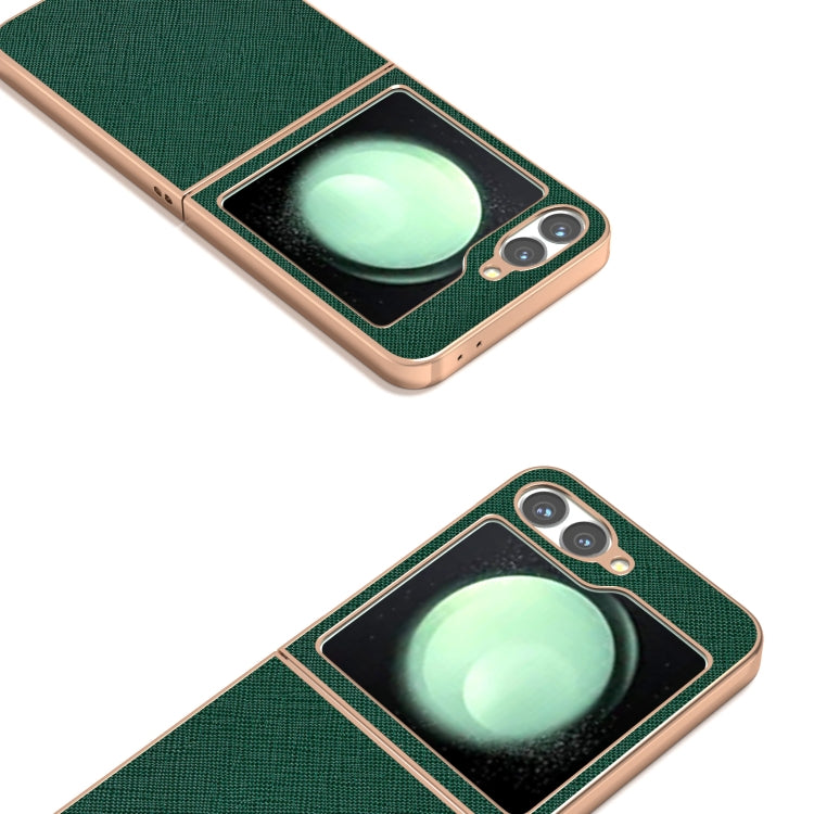 For Samsung Galaxy Z Flip6 / Flip7 FE ABEEL Electroplating Frame Cross Texture Genuine Leather Phone Case