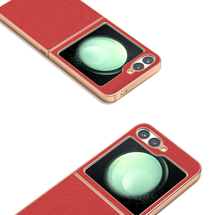 For Samsung Galaxy Z Flip6 / Flip7 FE ABEEL Electroplating Frame Cross Texture Genuine Leather Phone Case