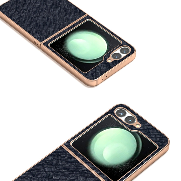 For Samsung Galaxy Z Flip6 / Flip7 FE ABEEL Electroplating Frame Cross Texture Genuine Leather Phone Case