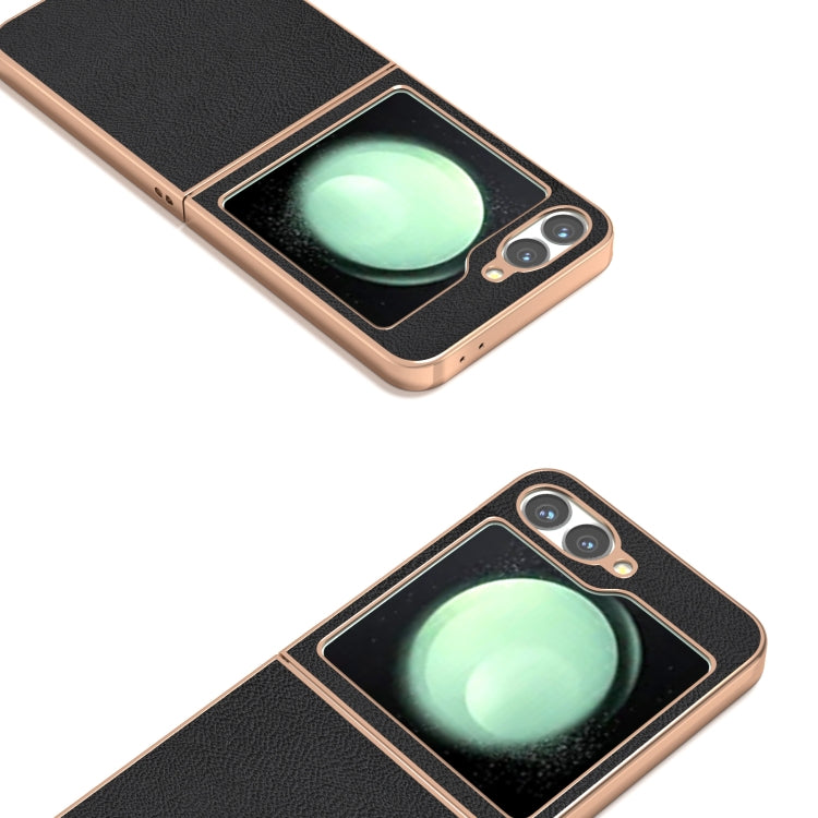 For Samsung Galaxy Z Flip6 / Flip7 FE ABEEL Electroplating Frame Genuine Leather + PC Litchi Texture Phone Case