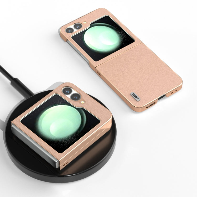 For Samsung Galaxy Z Flip6 / Flip7 FE ABEEL Electroplating Frame Genuine Leather + PC Litchi Texture Phone Case
