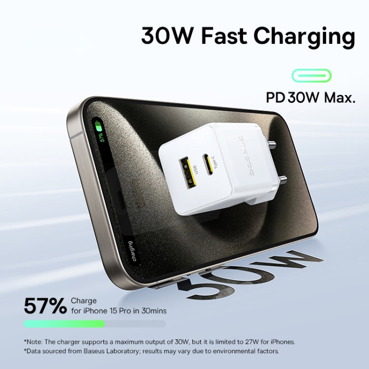 Baseus PD30W USB and USB-C / Type-C Fast Charger With 1m Type-C Cable, Plug Type:EU Plug