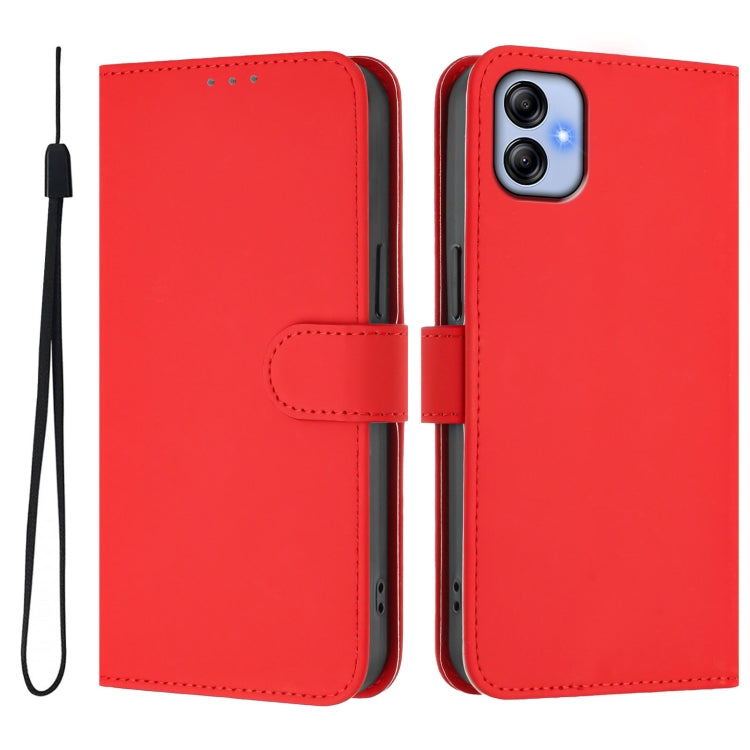 For Samsung Galaxy A04e / F04 / M04 4G Skin Feel Solid Color Leather Phone Case with Lanyard