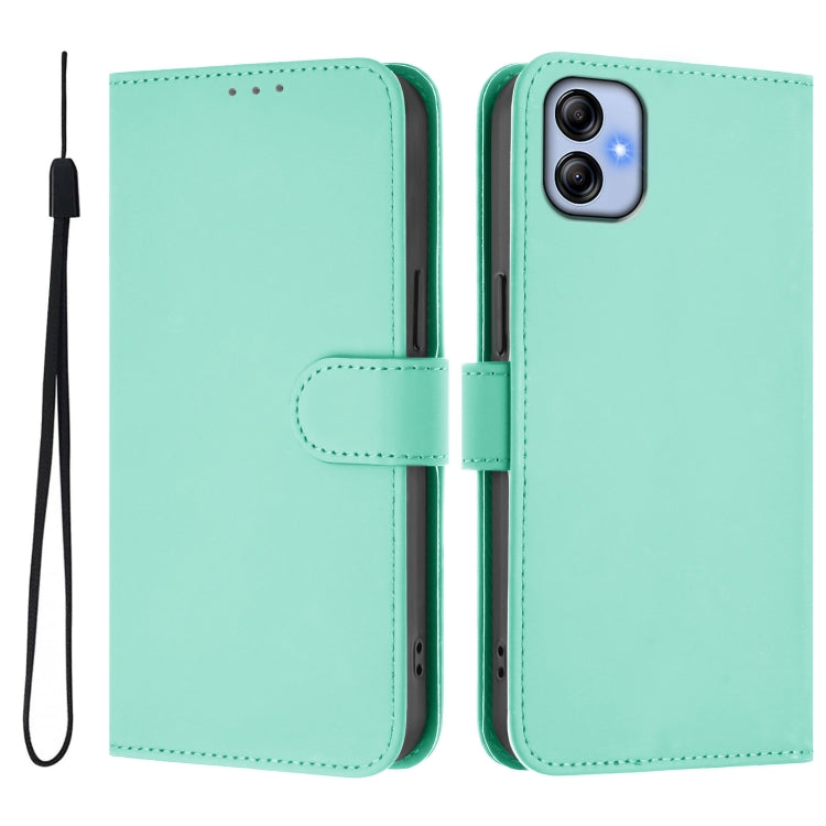 For Samsung Galaxy A04e / F04 / M04 4G Skin Feel Solid Color Leather Phone Case with Lanyard
