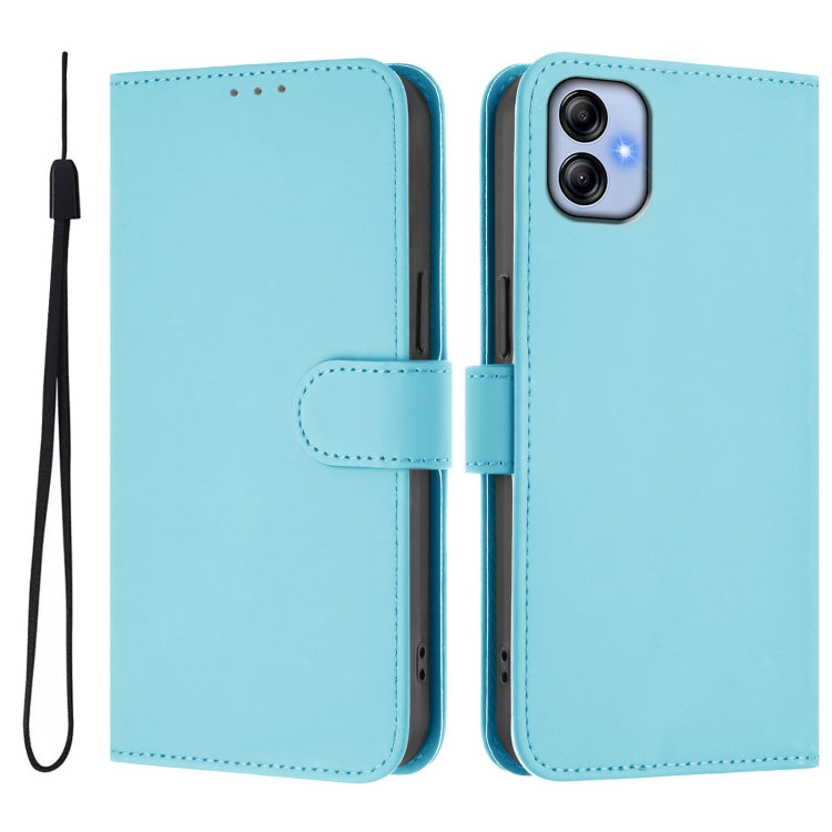 For Samsung Galaxy A04e / F04 / M04 4G Skin Feel Solid Color Leather Phone Case with Lanyard