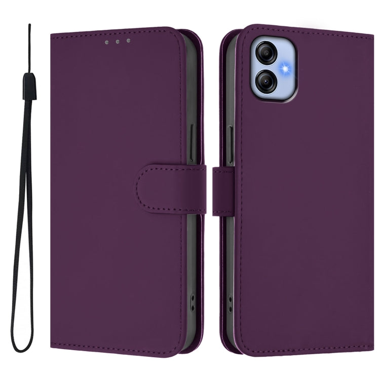 For Samsung Galaxy A04e / F04 / M04 4G Skin Feel Solid Color Leather Phone Case with Lanyard