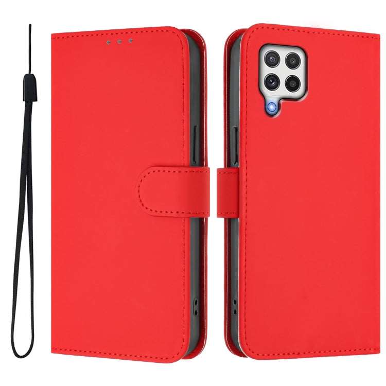 For Samsung Galaxy A22 4G Skin Feel Solid Color Leather Phone Case with Lanyard