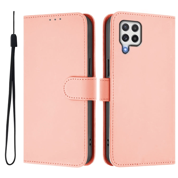 For Samsung Galaxy A22 4G Skin Feel Solid Color Leather Phone Case with Lanyard