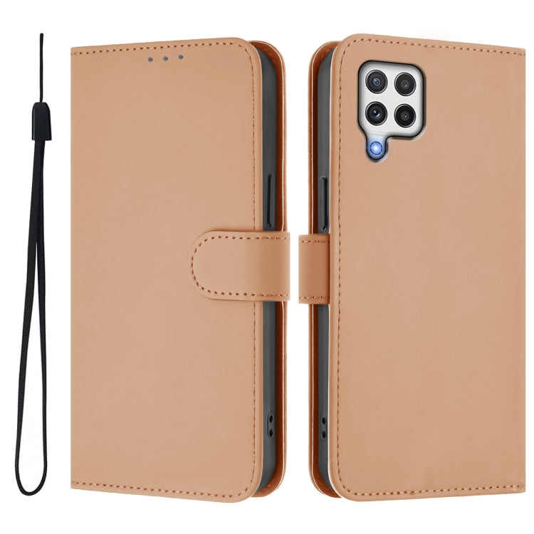 For Samsung Galaxy A22 4G Skin Feel Solid Color Leather Phone Case with Lanyard